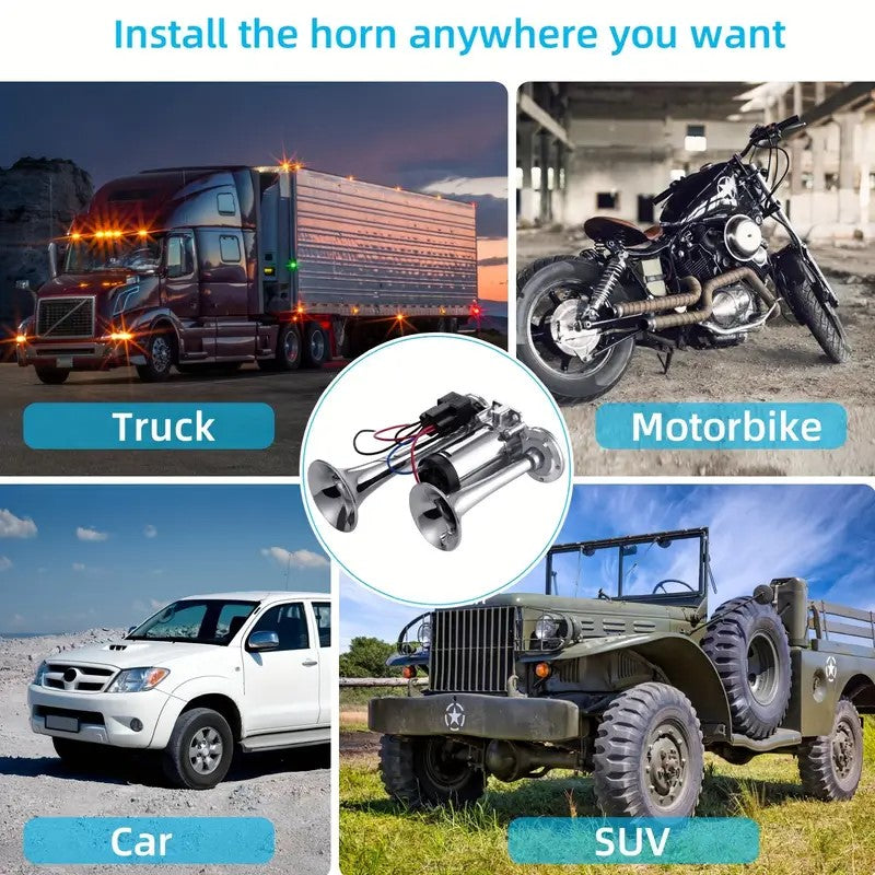 Alayjah, 12V Double Tube Zinc Train Horn with Compressor, Loud Electric Air Horn for Trucks, Cars, SUVs & Boats ألايجاه، بوق قطار كهربائي بأنبوب مزدوج من الزنك بجهد 12 فولت مع ضاغط، بوق هواء عالي الصوت للشاحنات والسيارات والـSUV والقوارب