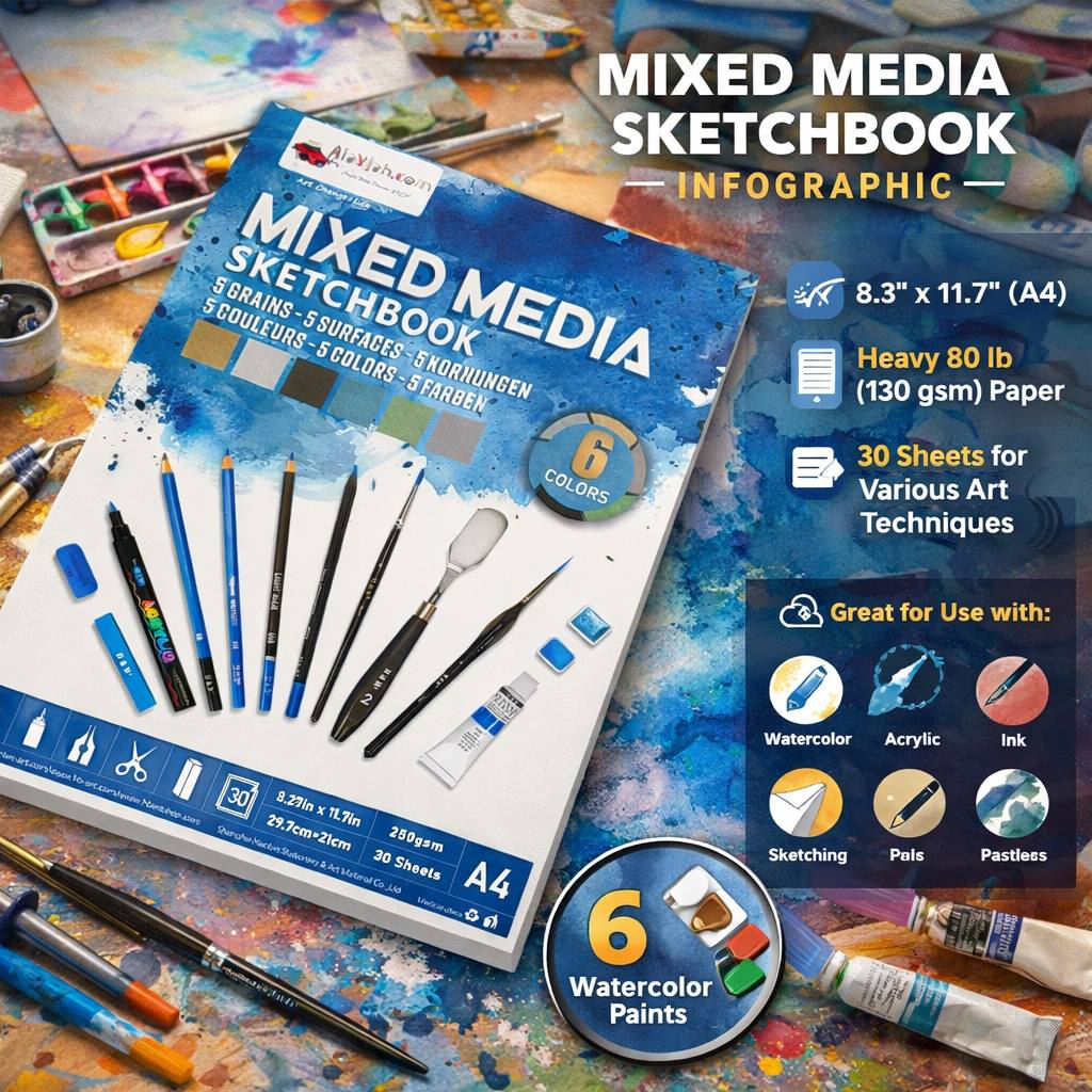 Alayjah A4 Mixed Media Paper Pad – 6 Colors, 5 Textured Surfaces for Pencil, Pastel & Paint كراسة ورق A4 للفنون متعددة الوسائط – 6 ألوان، 5 أسطح مختلفة للرسم بالقلم، الباستيل والدهانات