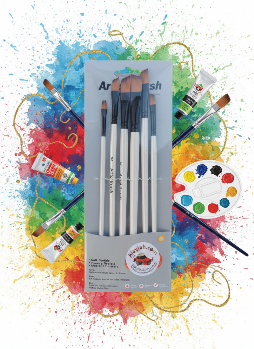Alayjah, 6-Piece Paint Brush Set for Watercolor, Acrylic & Oil, Soft, Durable Bristles 20100410فرش 6 قطع للألوان المائية والأكريليك والزيتية – شعيرات ناعمة ومتينة (Special Prices for Sellers اسعار خاصة للتجار )