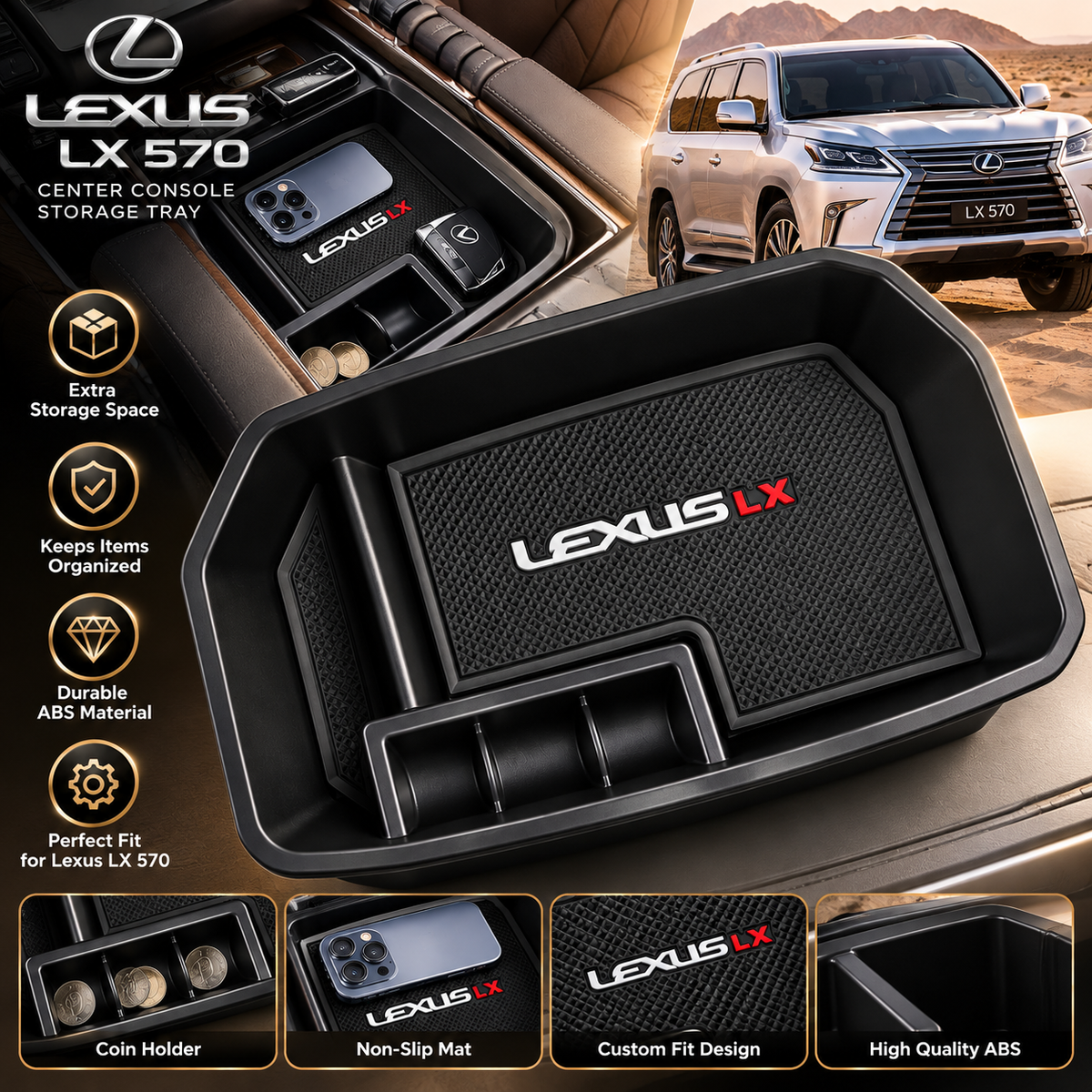 Alayjah Lexus LX 570 Center Console Organizer Tray, Custom-Fit Armrest Storage Box with Non-Slip Mat, Coin Holder & Multi-Compartment Design, Black Car Interior Accessories