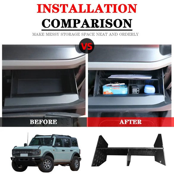 منظم تخزين صندوق القفازات الداخلي - متوافق مع فورد برونكو 2-دور و 4-دور (2021-2022)Interior Glove Box Storage Organizer Sorting Block - Compatible with Ford Bronco 2-Door & 4-Door (2021-2022)
