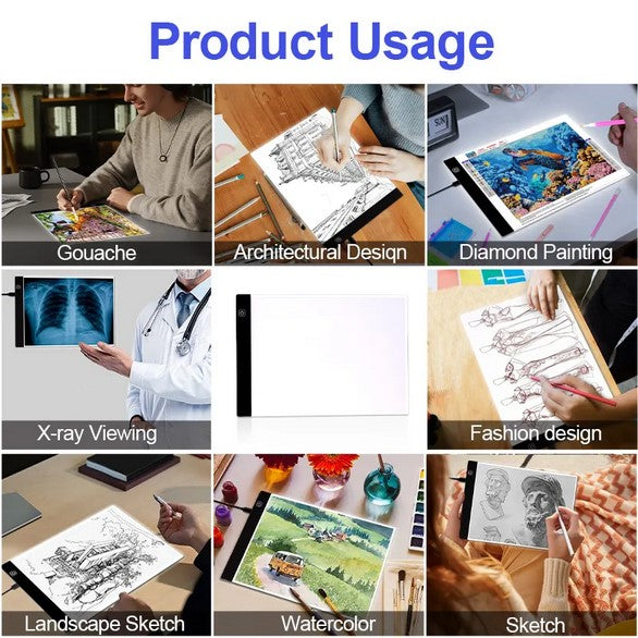 لوحة رسم LED رقيقة جداً بثلاث مستويات إضاءة قابلة للتعديل – صندوق نسخ مضيء للرسم والتلوين للالماسUltra Slim 3-Level Dimmable LED Tracing Pad – Illuminated Drawing & Copying Box for Diamond Painting