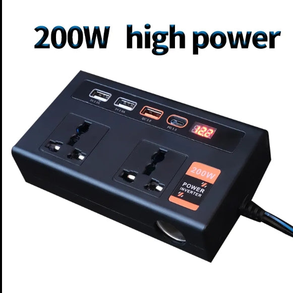 200W Power Inverter DC 12V to 110V with 4-Port USB Car Adapter – Includes PD & QC3.0 Fast Charging عاكس طاقة 200 واط من 12V DC إلى 110V مع شاحن سيارة بـ 4 منافذ USB – يدعم الشحن السريع PD وQC3.0