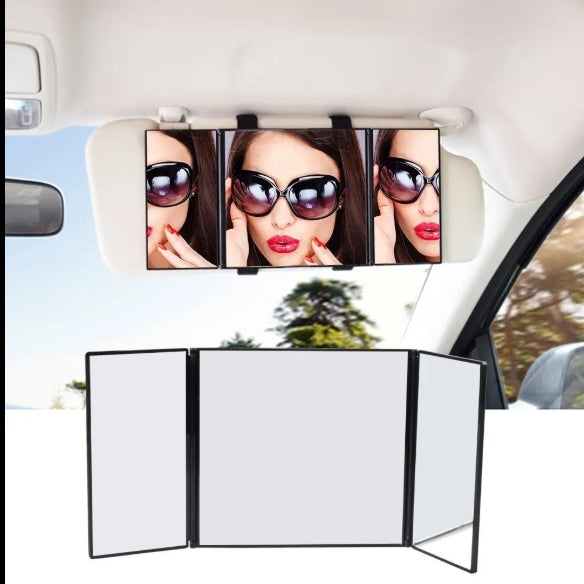 Universal 3-Way Foldable Car Vanity Mirror – Premium Trifold Interior Accessory for Sun Visor, Sunshade & On-the-Go Makeup مرآة زينة ثلاثية قابلة للطي للسيارة – إكسسوار داخلي فاخر للواقي الشمسي وظلال الشمس وتطبيق المكياج أثناء التنقل