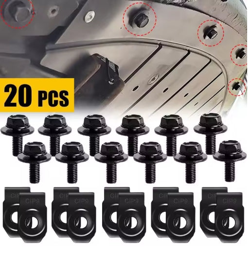 20PCS Car Body Screws & U-Nut Clips Set – Undertray, Bumper, Splash Shield, Hood Lining Retainer & Fastener Kit طقم 20 قطعة مسامير هيكل السيارة مع مشابك U-Nut – مناسب للصدّام، درع الحماية، بطانة الغطاء، وتثبيت الأندر تري
