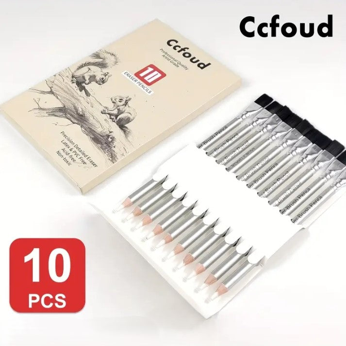 Ccfoud 10pcs Fine Detail Eraser Pencils with Brush Tips, Precision Highlighting Tool for Sketching & Art طقم 10 أقلام ممحاة دقيقة Ccfoud مع رؤوس فرشاة, أداة تظليل دقيقة للرسم والفنون