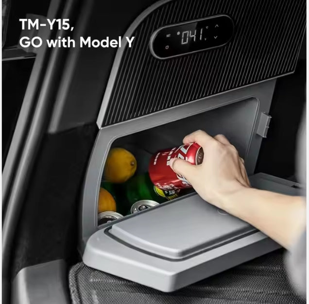 Tesla Model Y 12V Portable Car Fridge, High-Grade Dual Zone Refrigerator, Travel Cooler & Freezer ثلاجة سيارة محمولة 12 فولت لتسلا موديل Y – ثلاجة وفريزر مزدوجة عالية الجودة للسفر والتخييم