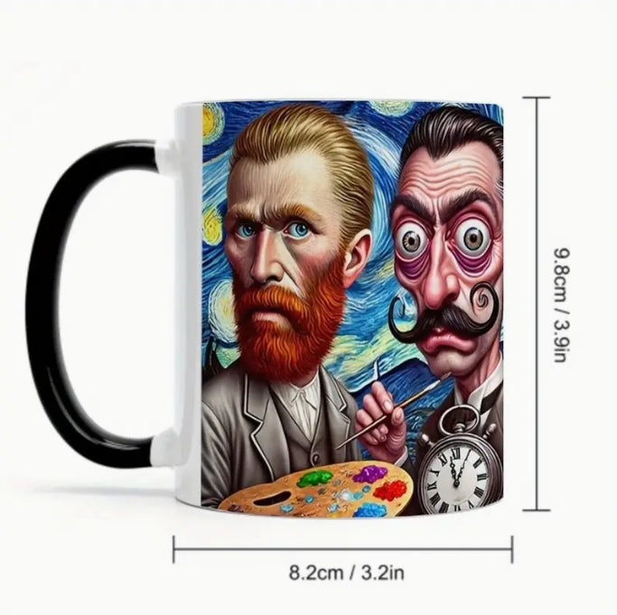 Van Gogh & Dali Funny Art Mug, 11oz Ceramic Coffee Cup, Unique Gift for Art Lovers كوب فان جوخ ودالي الفني, كوب قهوة سيراميك 11 أونصة، هدية فريدة لعشاق الفن
