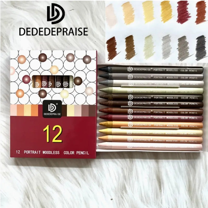 DEDEDEPRAISE 12 Woodless Color Pencils, Pre-Sharpened, Vibrant Colors for Portrait & Animal Art أقلام تلوين خشبية بدون غلاف 12, مدببة مسبقًا، ألوان زاهية للبورتريه والفن