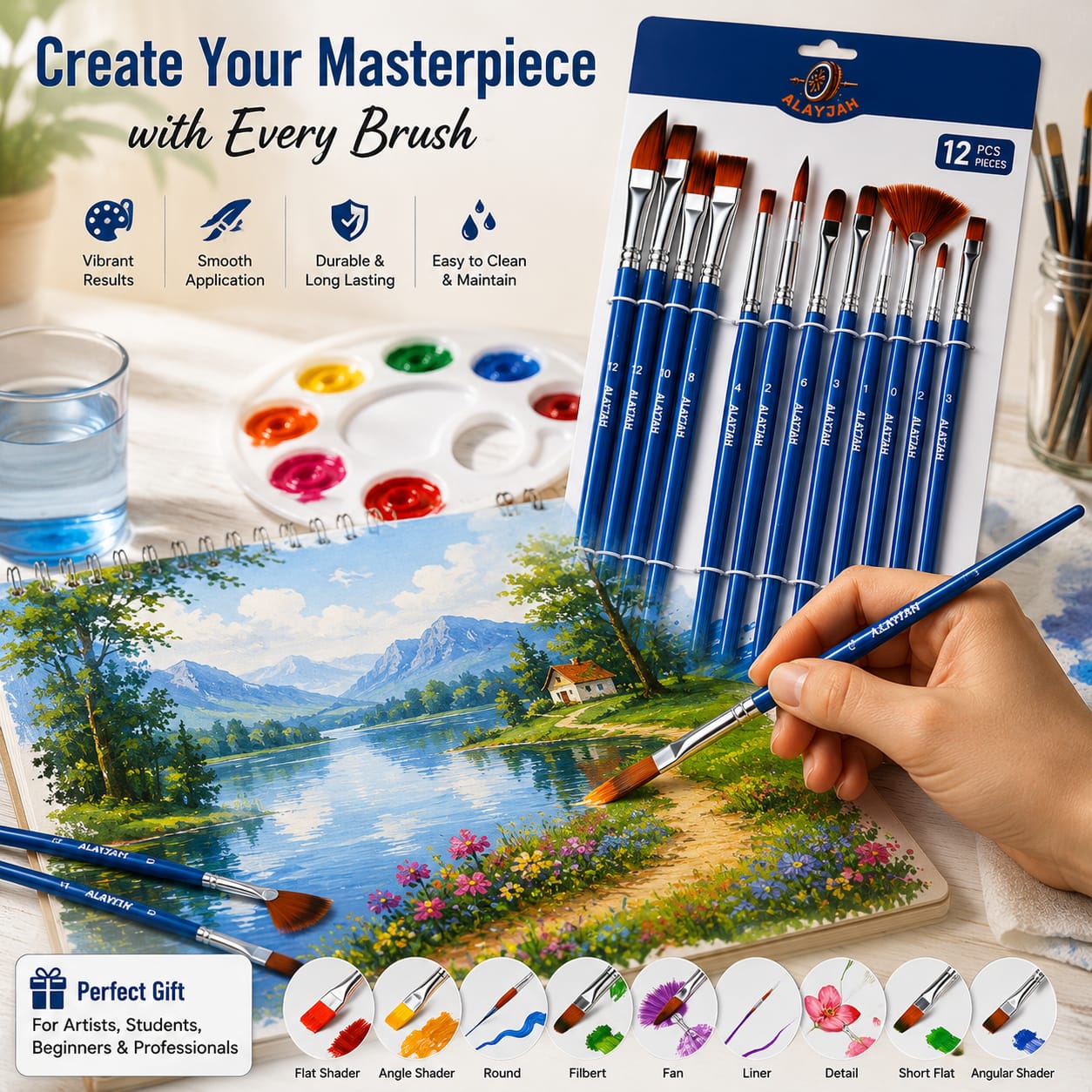 طقم فرش رسم احترافية للفنانين – فرش شعر نايلون لالوان الزيت والمائي والأكريليك Professional Artist Brush Set – Nylon Hair Brushes for Oil, Watercolor, and Acrylic Paints