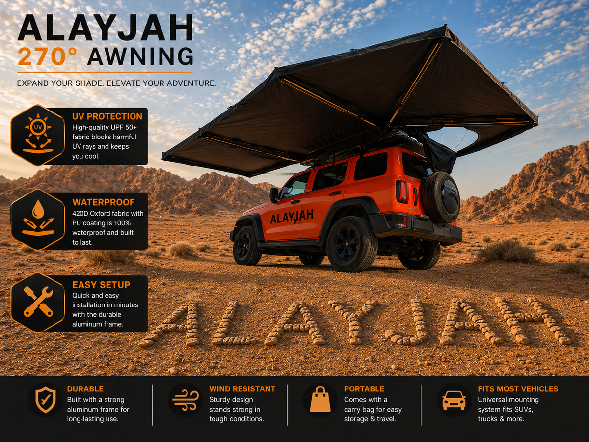 Alayjah 270° Car Rooftop Tent Awning, 600D Waterproof, Free-Standing, 1 Pc مظلة خيمة سقف سيارة بزاوية 270°، مقاومة للماء 600D، قائمة بذاتها، قطعة واحدة
