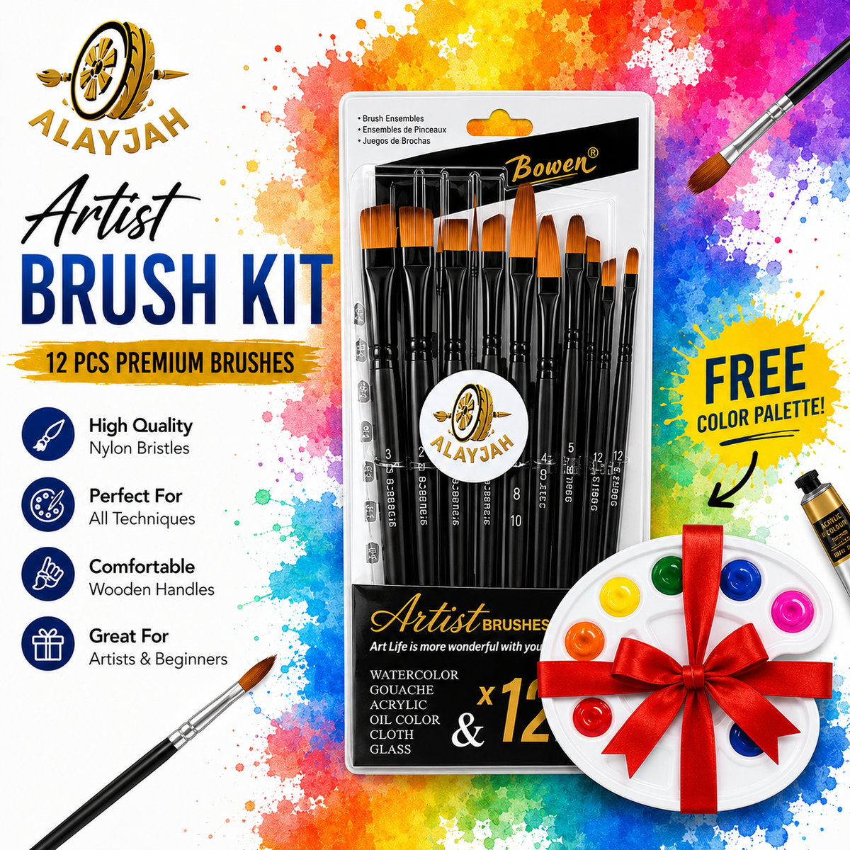 Alayjah 12-Piece Nylon Paint Brush Set for Acrylic, Oil & Watercolor – Versatile & Durable 20100210فرش رسم من النايلون 12 قطعة للأكريليك والزيت والألوان المائية – فرش متعددة الاستخدام ومتينة
