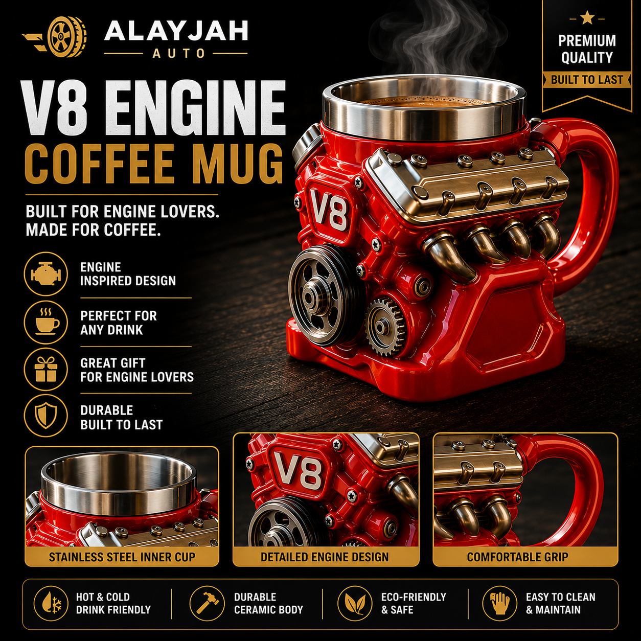 V8 Engine-Shaped Coffee Mug, Automotive Motor Design Cup with Handle, Unique Car Lover Gift for Home, Office & Garage 11700025
