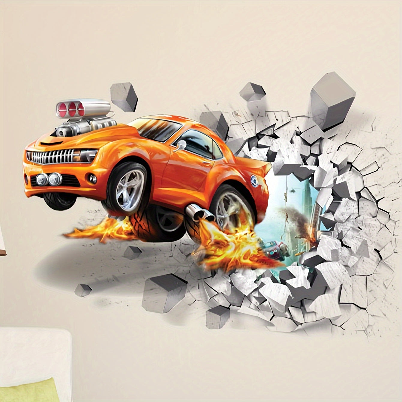 Classic Car Design 3D Wall Decal - Self-Adhesive PVC Sticker for Home & Living Room Decor ملصق حائط ثلاثي الأبعاد بتصميم سيارة كلاسيكية - ملصق PVC ذاتي اللصق لديكور المنزل وغرفة المعيشة