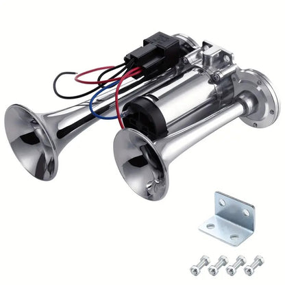 Alayjah, 12V Double Tube Zinc Train Horn with Compressor, Loud Electric Air Horn for Trucks, Cars, SUVs & Boats ألايجاه، بوق قطار كهربائي بأنبوب مزدوج من الزنك بجهد 12 فولت مع ضاغط، بوق هواء عالي الصوت للشاحنات والسيارات والـSUV والقوارب