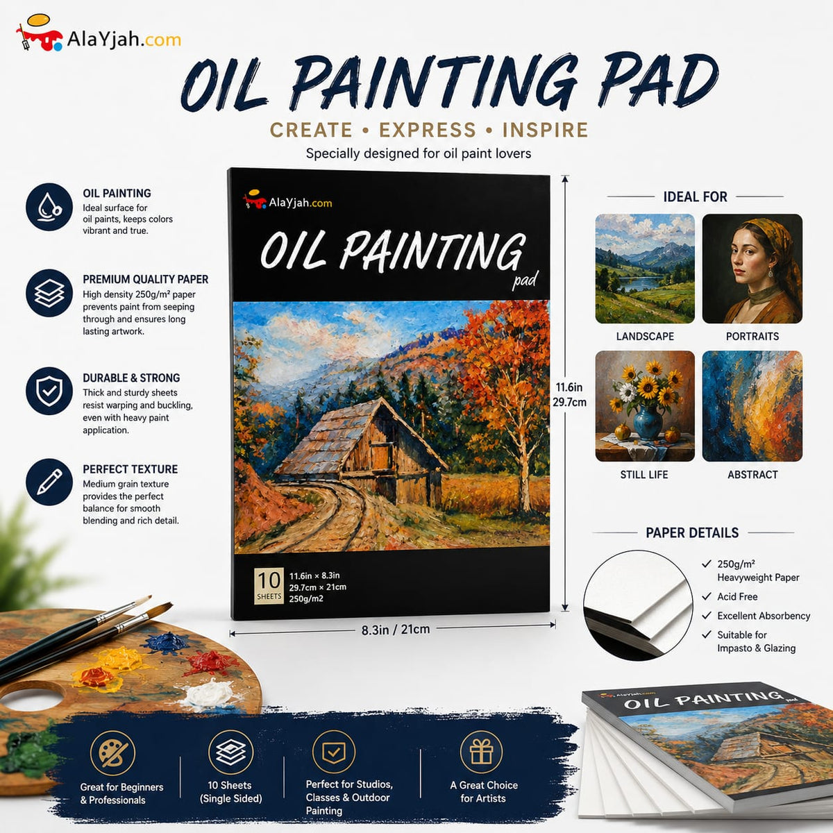 Alayjah, A4 Oilcolor Painting Pad, 1 Piece, Premium Textured Paper for Smooth Oil Painting, Ideal for Artists & Beginnersألايجاه، دفتر رسم بألوان الزيت مقاس A4،20100442 (Special Prices for Sellers اسعار خاصة للتجار )
