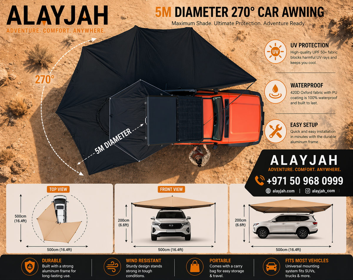 Alayjah 270° Car Rooftop Tent Awning, 600D Waterproof, Free-Standing, 1 Pc مظلة خيمة سقف سيارة بزاوية 270°، مقاومة للماء 600D، قائمة بذاتها، قطعة واحدة