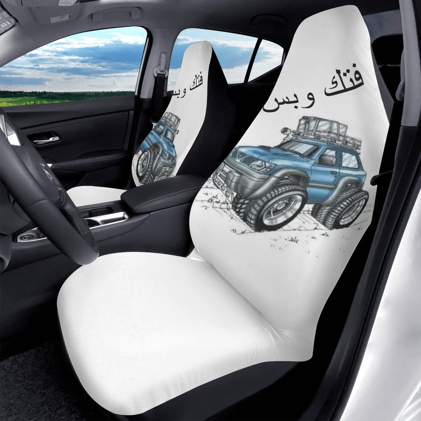 Soft and Lightweight Front Car Seat Covers with customrized cartoon (2pcs) Nissan Accessories VETC accessories  تلبيس كراسي مع كاريكاتير مخصص نيسان فتك