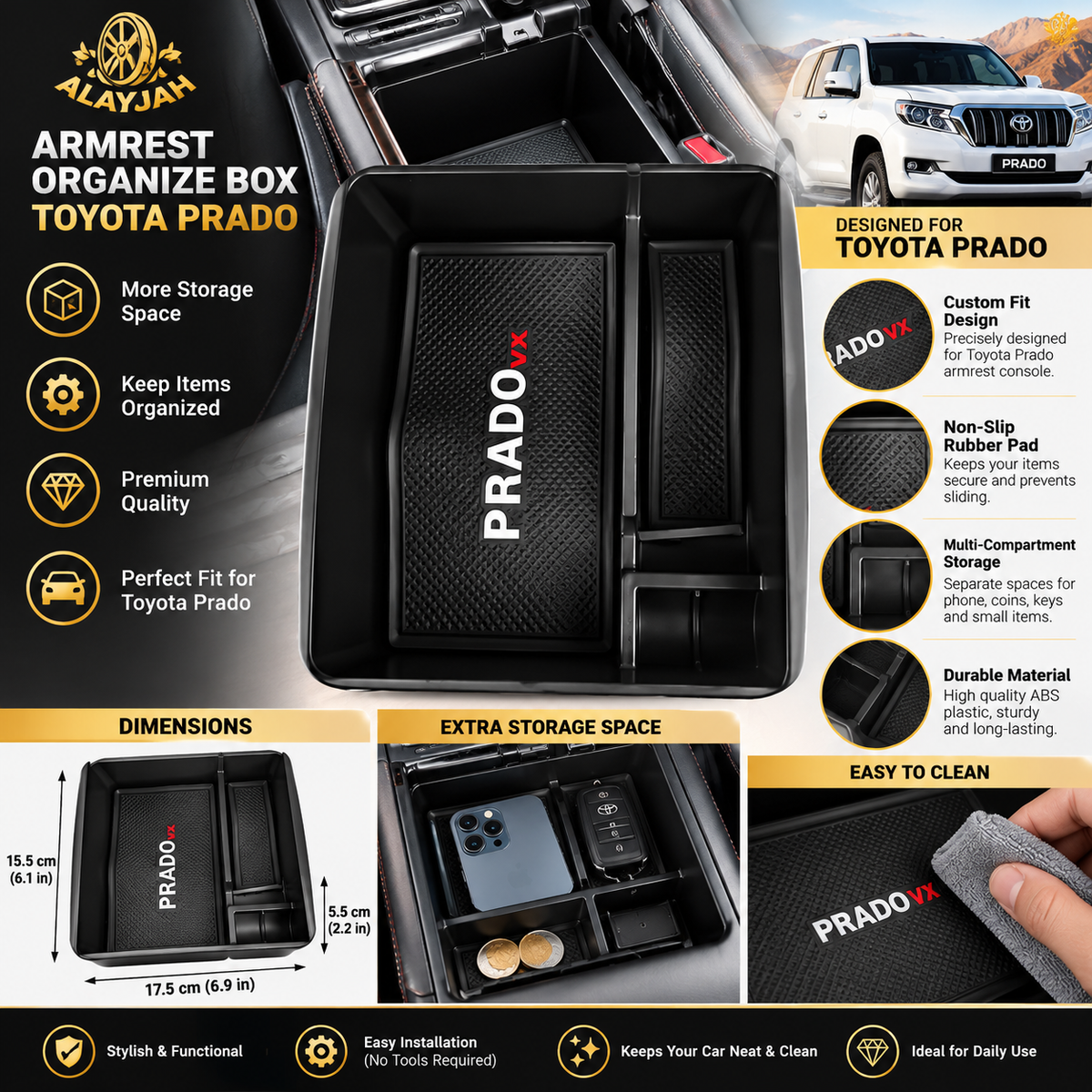 Alayjah Toyota Prado VX Center Console Armrest Organizer Tray, Multi-Compartment Storage Box with Non-Slip Rubber Mat for Phone, Keys & Coins, Black