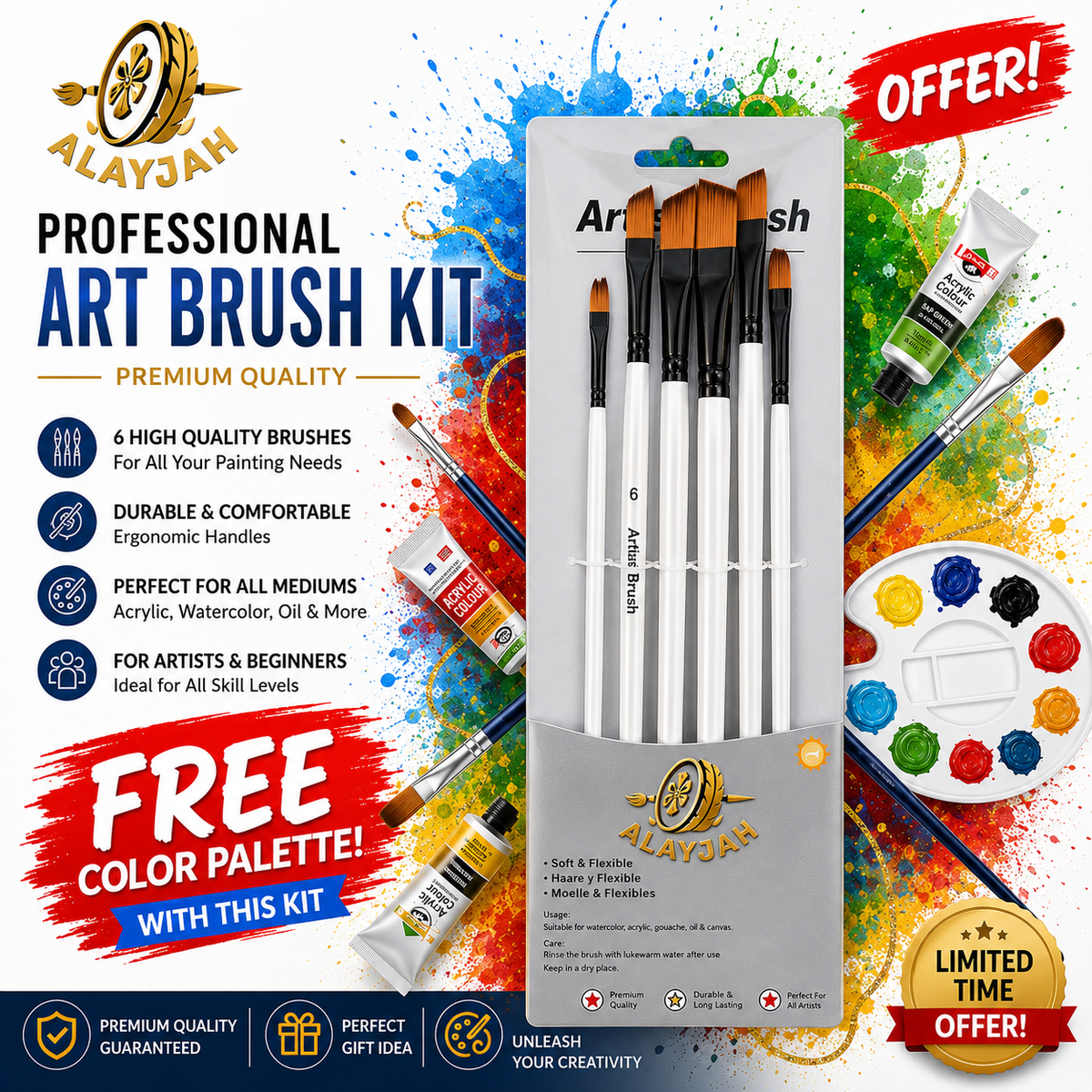 Alayjah, 6-Piece Paint Brush Set for Watercolor, Acrylic & Oil, Soft, Durable Bristles   20100410فرش 6 قطع للألوان المائية والأكريليك والزيتية – شعيرات ناعمة ومتينة