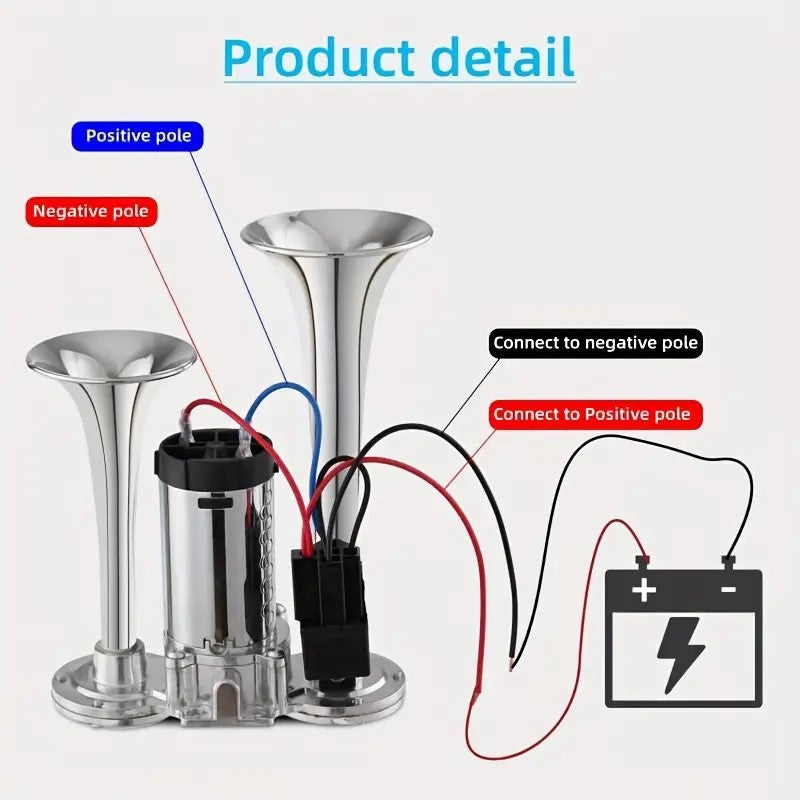 Alayjah, 12V Double Tube Zinc Train Horn with Compressor, Loud Electric Air Horn for Trucks, Cars, SUVs & Boats ألايجاه، بوق قطار كهربائي بأنبوب مزدوج من الزنك بجهد 12 فولت مع ضاغط، بوق هواء عالي الصوت للشاحنات والسيارات والـSUV والقوارب