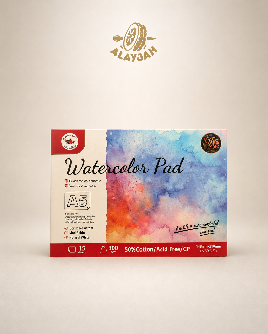 Alayjah, Watercolor Pad,1 Piece, Compact & Durable Painting Paper for Watercolors, Ideal for Travel, Students & Beginners  دفتر ألوان مائية، ورق رسم مدمج ومتين للألوان المائية، مثالي للسفر والطلاب والمبتدئين