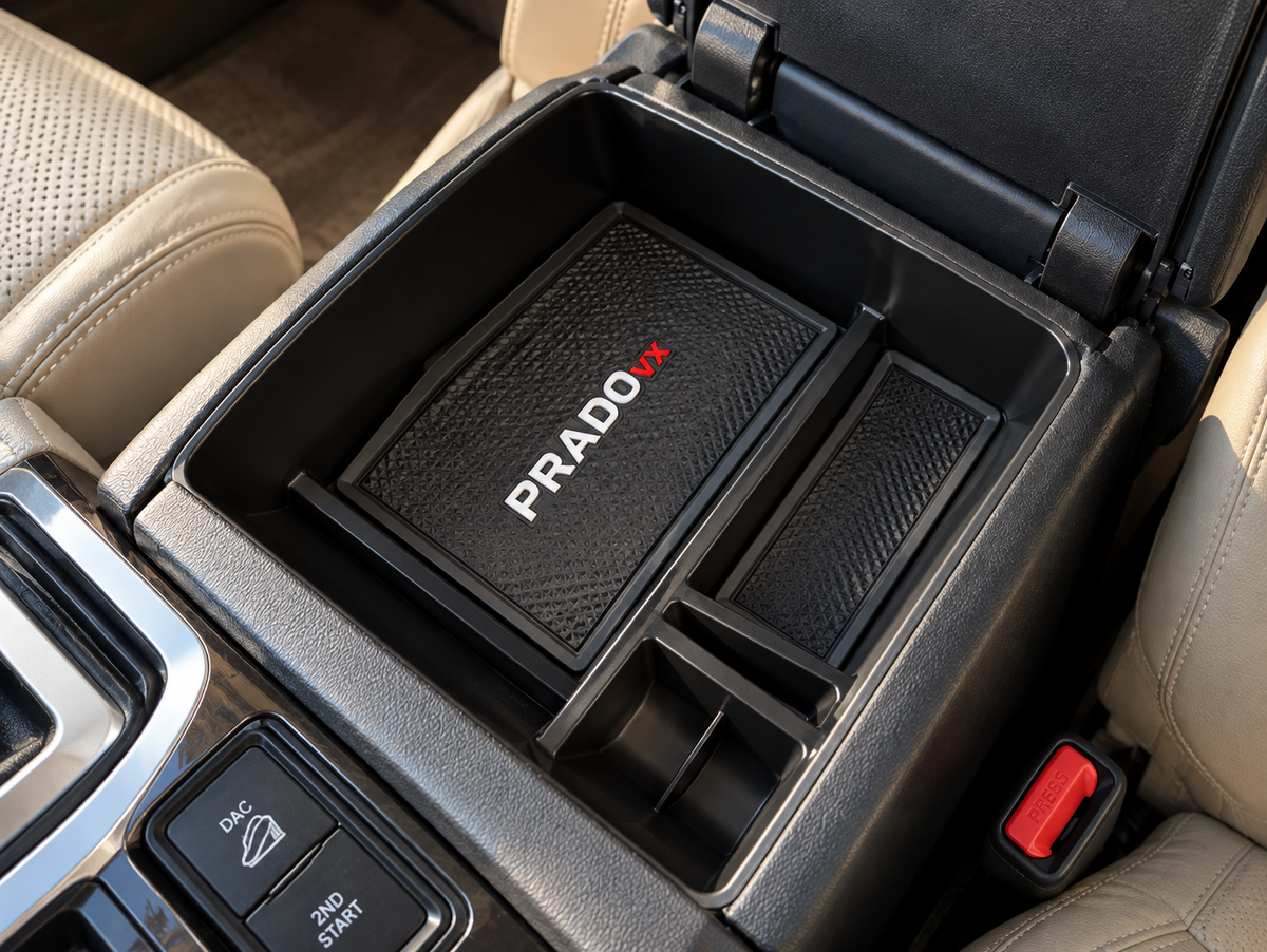 Alayjah Toyota Prado VX Center Console Armrest Organizer Tray, Multi-Compartment Storage Box with Non-Slip Rubber Mat for Phone, Keys & Coins, Black