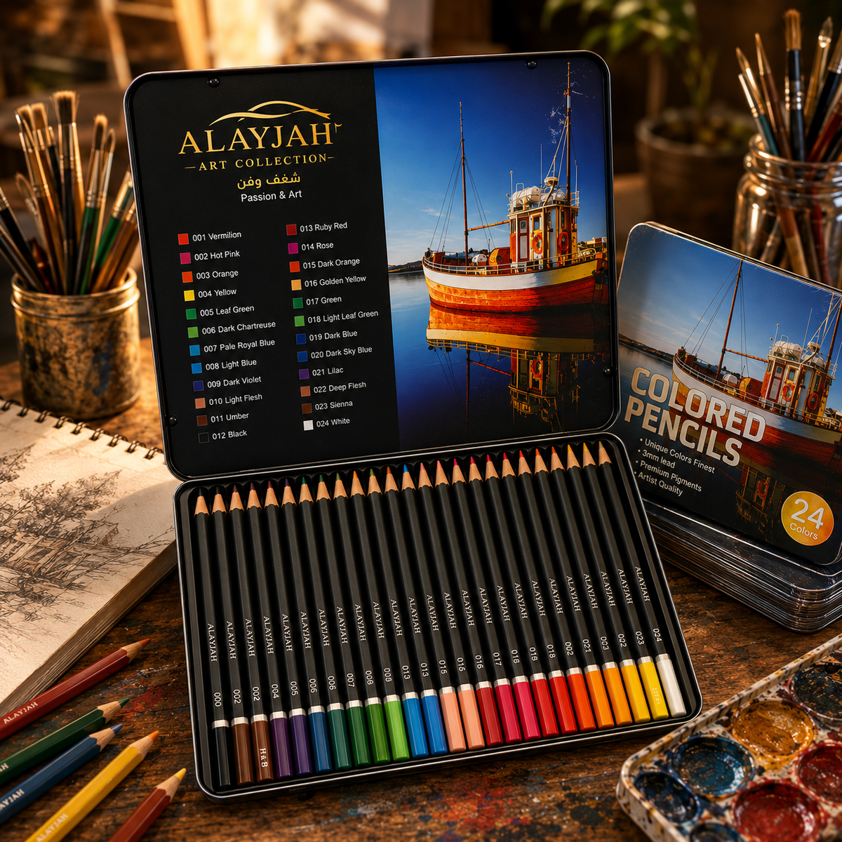 Professional 24-Color Wooden Pencil Set in Tin Box,Premium Artist Colored Pencils 20100380 أقلام تلوين خشبية 24 لون في علبة معدنية – أقلام تلوين فنية مميزة