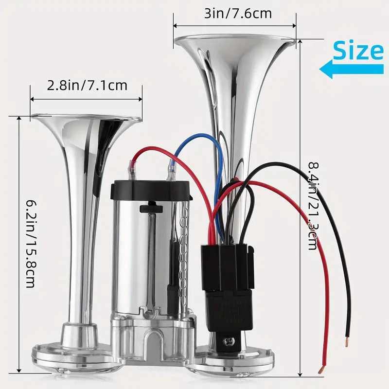 Alayjah, 12V Double Tube Zinc Train Horn with Compressor, Loud Electric Air Horn for Trucks, Cars, SUVs & Boats ألايجاه، بوق قطار كهربائي بأنبوب مزدوج من الزنك بجهد 12 فولت مع ضاغط، بوق هواء عالي الصوت للشاحنات والسيارات والـSUV والقوارب