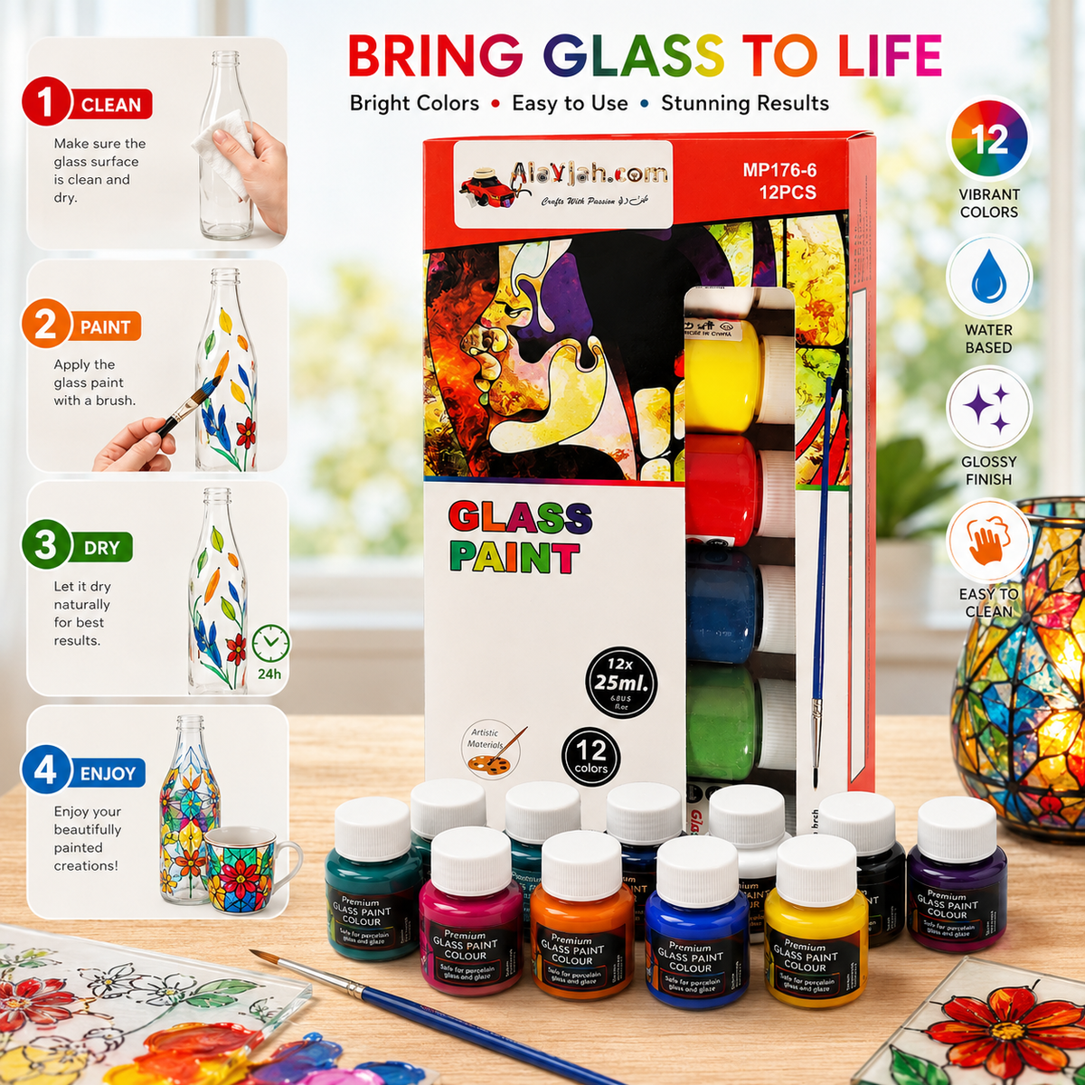 12-Color Glass Paint Set, Non-Toxic Pigments for Wall/Glass Art, Safe for Students & Kids 20100172 ألوان زجاج 12 لونًا، أصباغ غير سامة للرسم على الجدران والزجاج، آمن للطلاب والأطفال
