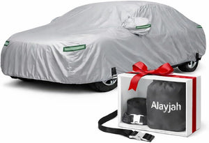 Alayjah Waterproof Car Cover XL, Black Polyester, Dustproof, UV & Rain Protection, Reflective Strips, Free Straps غطاء سيارة ألايجاه مقاوم للماء مقاس XL، بوليستر أسود، مقاوم للغبار، حماية من الأشعة فوق البنفسجية والمطر، بشرائط عاكسة، مع أحزمة مجانية