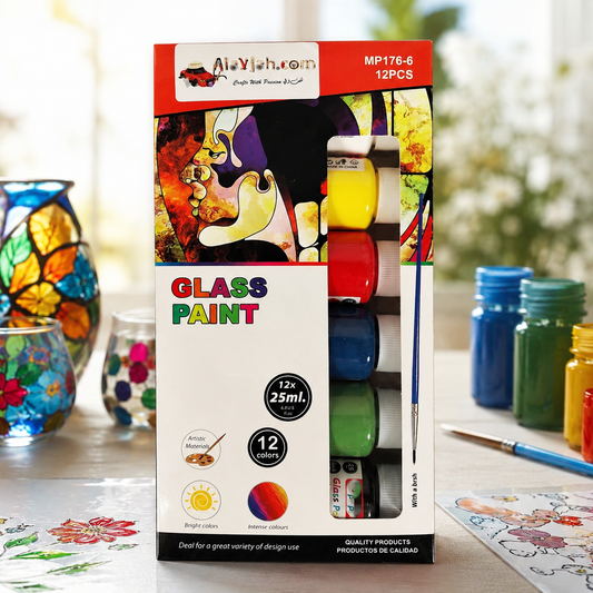 12-Color Glass Paint Set, Non-Toxic Pigments for Wall/Glass Art, Safe for Students & Kids 20100172 ألوان زجاج 12 لونًا، أصباغ غير سامة للرسم على الجدران والزجاج، آمن للطلاب والأطفال