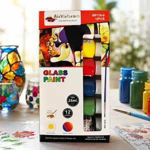 12-Color Glass Paint Set, Non-Toxic Pigments for Wall/Glass Art, Safe for Students & Kids 20100172 ألوان زجاج 12 لونًا، أصباغ غير سامة للرسم على الجدران والزجاج، آمن للطلاب والأطفال