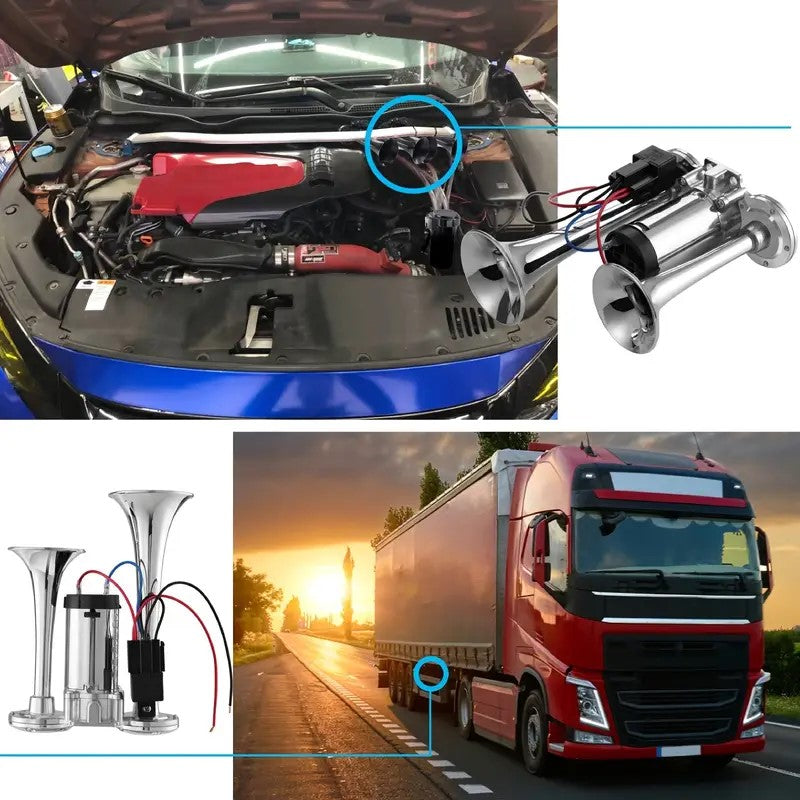 Alayjah, 12V Double Tube Zinc Train Horn with Compressor, Loud Electric Air Horn for Trucks, Cars, SUVs & Boats ألايجاه، بوق قطار كهربائي بأنبوب مزدوج من الزنك بجهد 12 فولت مع ضاغط، بوق هواء عالي الصوت للشاحنات والسيارات والـSUV والقوارب