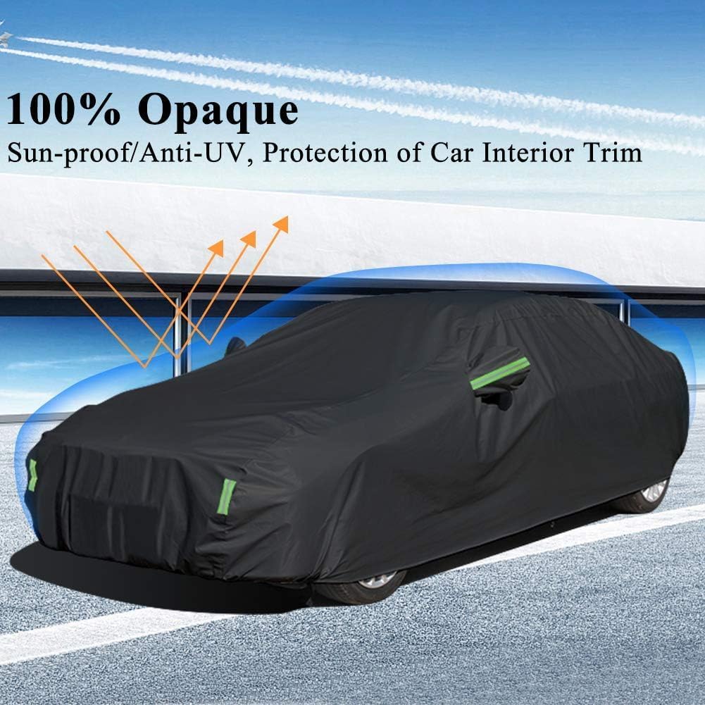 Alayjah Waterproof Car Cover XL, Black Polyester, Dustproof, UV & Rain Protection, Reflective Strips, Free Straps غطاء سيارة ألايجاه مقاوم للماء مقاس XL، بوليستر أسود، مقاوم للغبار، حماية من الأشعة فوق البنفسجية والمطر، بشرائط عاكسة، مع أحزمة مجانية