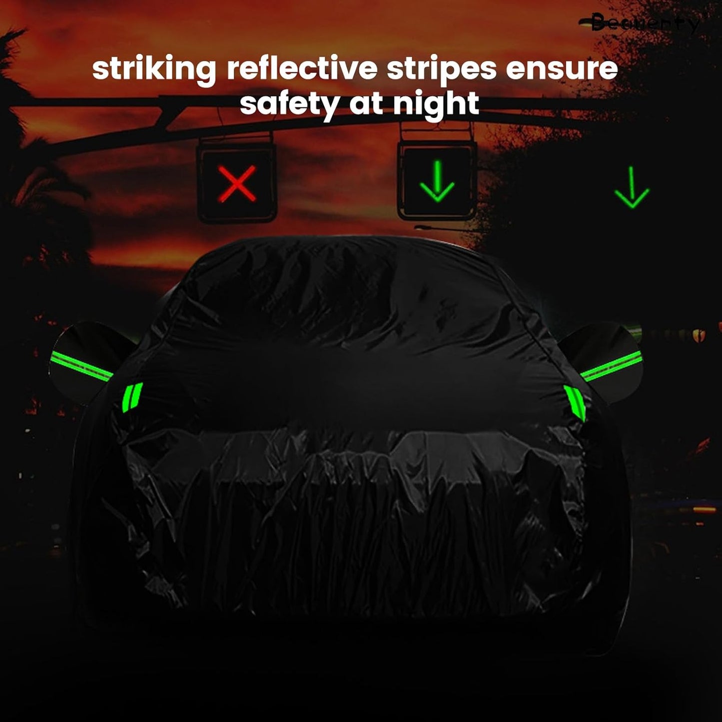 Alayjah Waterproof Car Cover XL, Black Polyester, Dustproof, UV & Rain Protection, Reflective Strips, Free Straps غطاء سيارة ألايجاه مقاوم للماء مقاس XL، بوليستر أسود، مقاوم للغبار، حماية من الأشعة فوق البنفسجية والمطر، بشرائط عاكسة، مع أحزمة مجانية