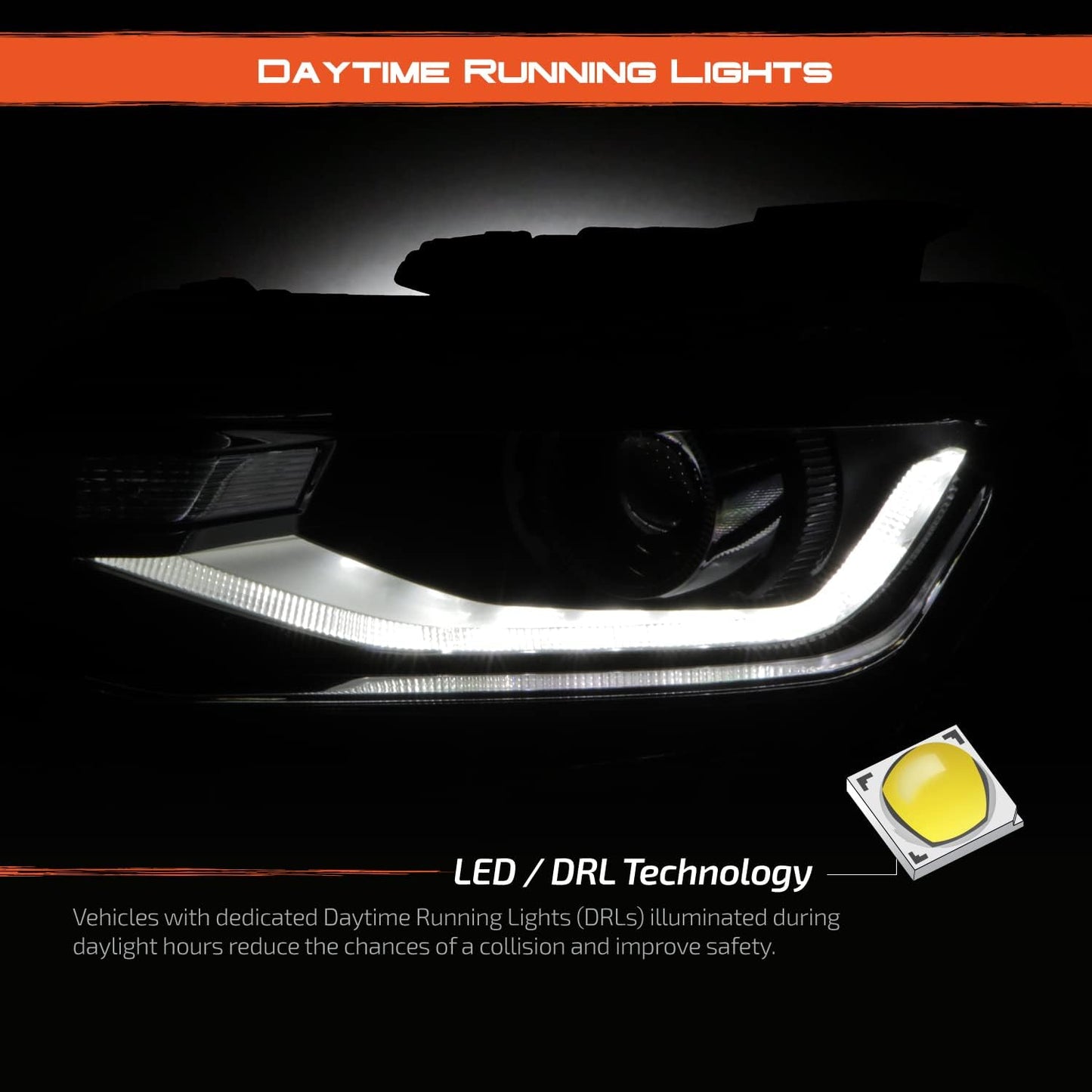 2016-2018 Chevy Camaro 2019-2023 ZL1 [HID/Xenon] Black Projector Headlight with LED Tube Running Lamp  ليتات اصطابات خلفية شفرولية كمارو بروجكتر