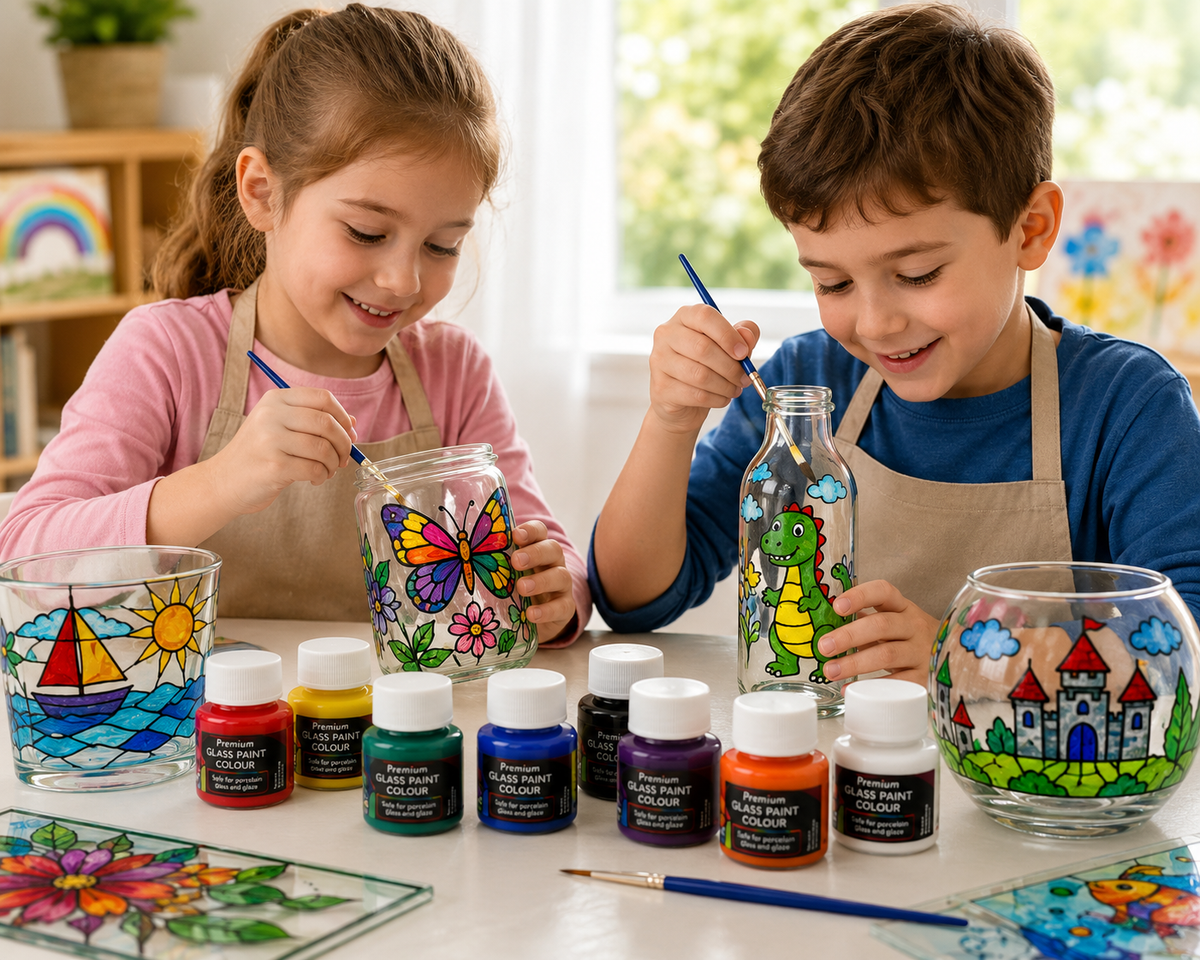 12-Color Glass Paint Set, Non-Toxic Pigments for Wall/Glass Art, Safe for Students & Kids 20100172 ألوان زجاج 12 لونًا، أصباغ غير سامة للرسم على الجدران والزجاج، آمن للطلاب والأطفال