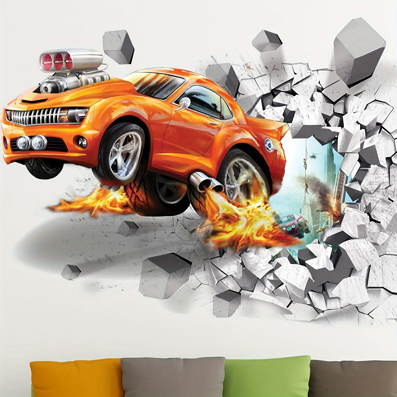 Classic Car Design 3D Wall Decal - Self-Adhesive PVC Sticker for Home & Living Room Decor ملصق حائط ثلاثي الأبعاد بتصميم سيارة كلاسيكية - ملصق PVC ذاتي اللصق لديكور المنزل وغرفة المعيشة