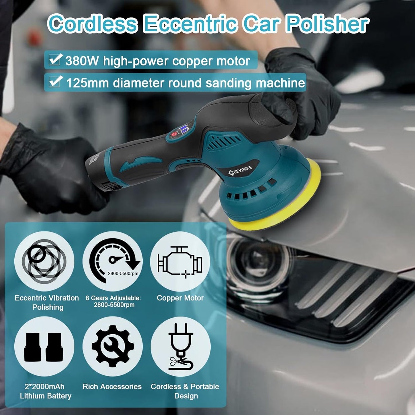 Alayjah Cordless Car Polisher & Buffer Kit ,Dual 12V 1500mAh, Variable Speed, Portable طقم ملمّع ومُلمِّع سيارات لاسلكي، بطاريتان 12 فولت 1500 مللي أمبير، سرعة متغيرة، محمول