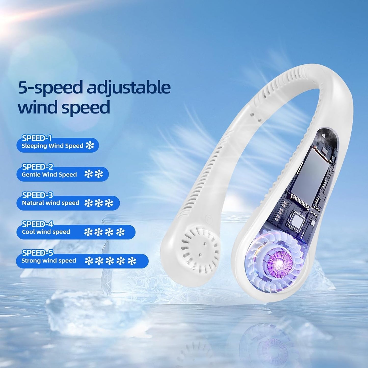 Portable Bladeless Neck Fan, Rechargeable Wearable Air Cooler for Work, Outdoor & Indoor Use, White 11700030 مروحة رقبة محمولة بدون شفرات، قابلة لإعادة الشحن، مبرد هواء قابل للارتداء للعمل والاستخدام الخارجي والداخلي، أبيض