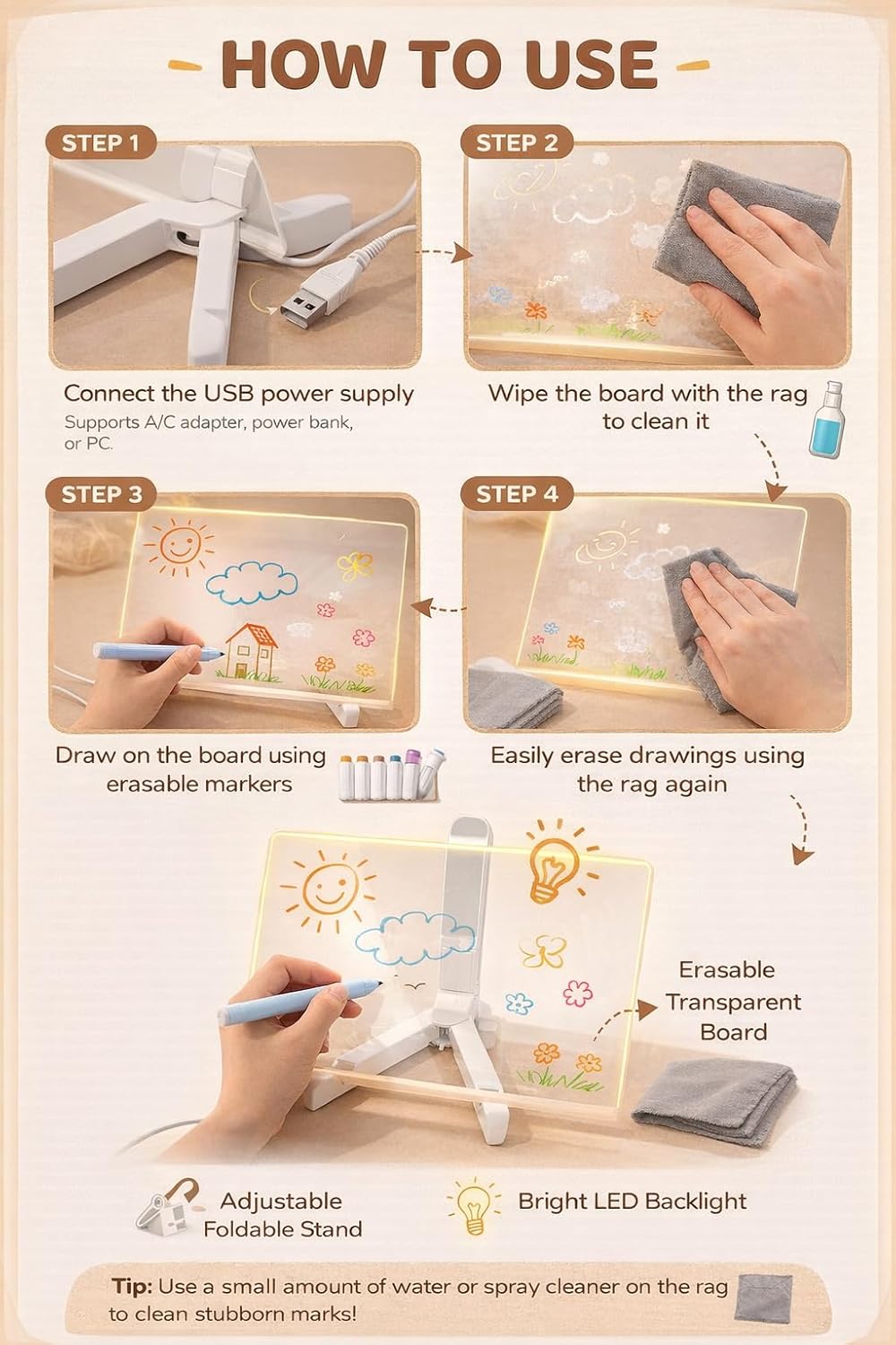 لوحة رسائل أكريليك LED مع إضاءة – لوحة كتابة قابلة للمسح الجاف ورسم يومي مع ختم شفافLED Acrylic Message Board with Light – Daily Drawing Signage & Dry Erase Writing Board with Clear Sealing