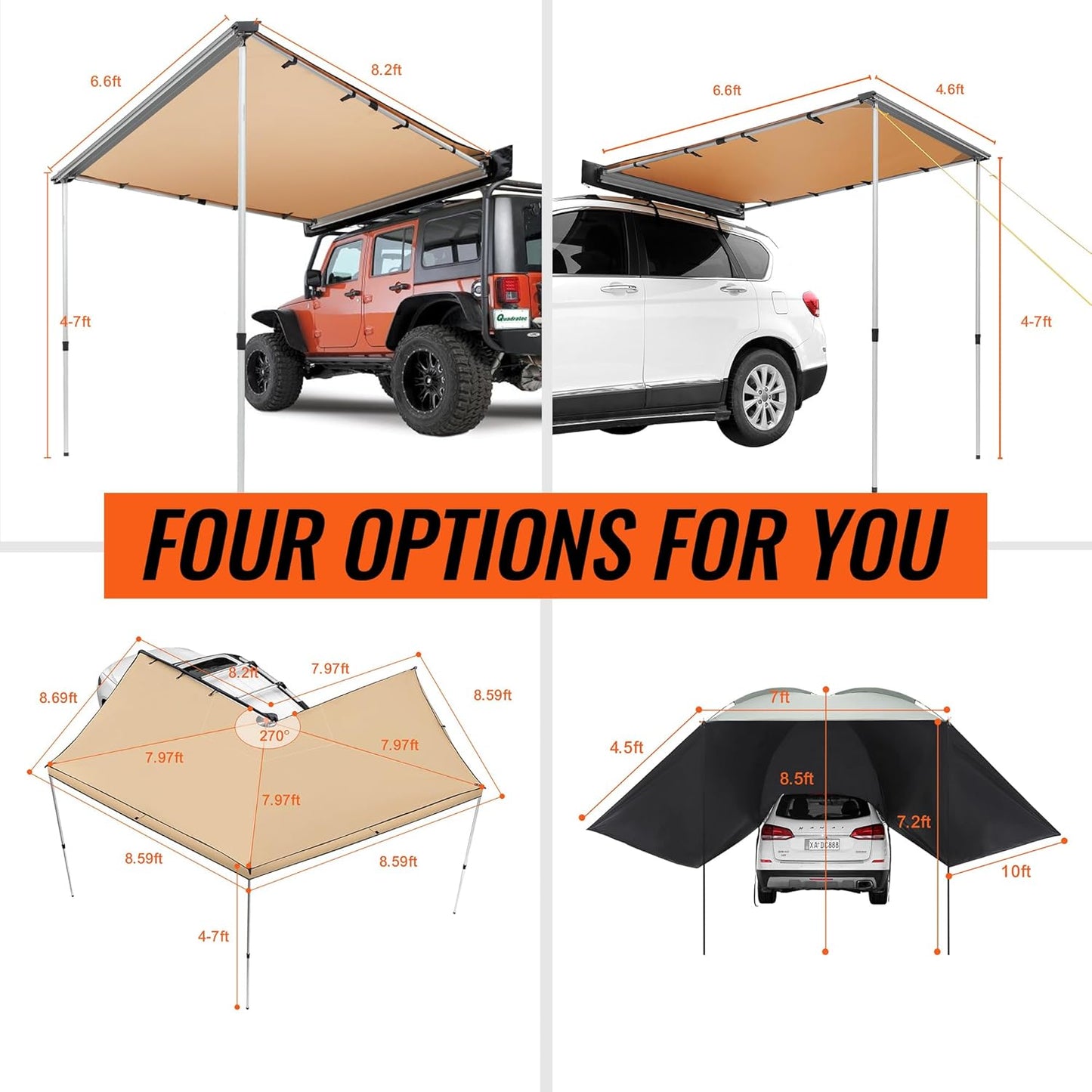 Alayjah 270° Retractable Vehicle Awning for SUV/Truck/Van – Weatherproof, Adjustable, Includes Bag مظلة سيارة قابلة للسحب 270° للمركبات الرياضية/الشاحنات/الفان – مقاومة للطقس، قابلة للتعديل، تشمل حقيبة
