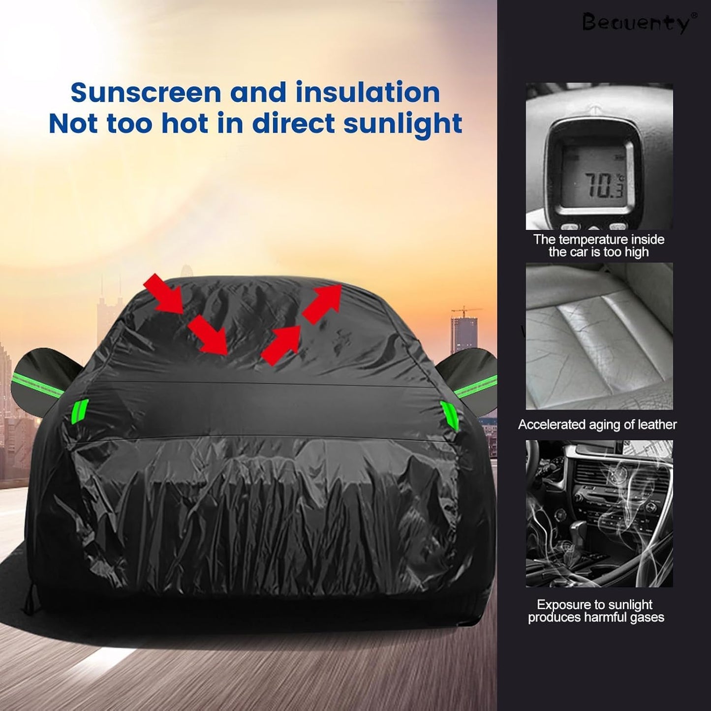 Alayjah Waterproof Car Cover XL, Black Polyester, Dustproof, UV & Rain Protection, Reflective Strips, Free Straps غطاء سيارة ألايجاه مقاوم للماء مقاس XL، بوليستر أسود، مقاوم للغبار، حماية من الأشعة فوق البنفسجية والمطر، بشرائط عاكسة، مع أحزمة مجانية