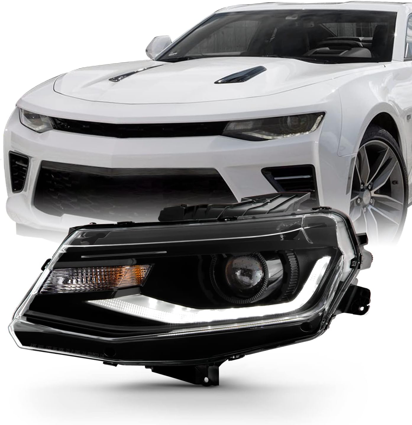 2016-2018 Chevy Camaro 2019-2023 ZL1 [HID/Xenon] Black Projector Headlight with LED Tube Running Lamp  ليتات اصطابات خلفية شفرولية كمارو بروجكتر