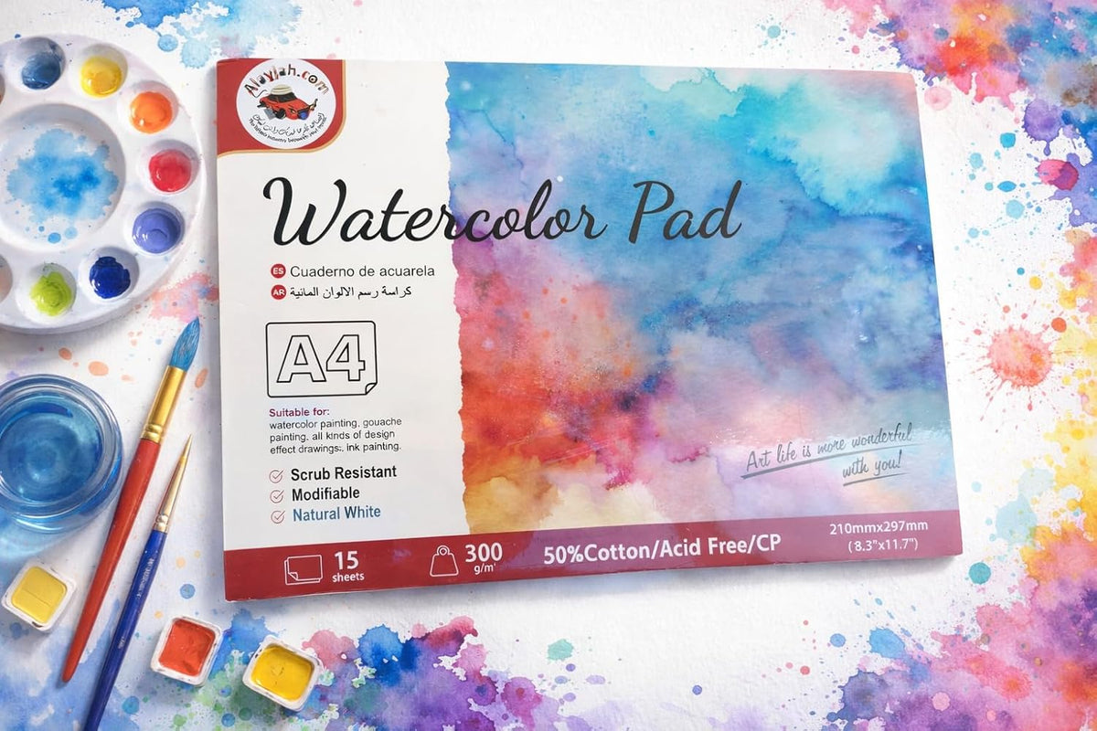 Alayjah, Watercolor Pad,1 Piece, Compact & Durable Painting Paper for Watercolors, Ideal for Travel, Students & Beginners  دفتر ألوان مائية، ورق رسم مدمج ومتين للألوان المائية، مثالي للسفر والطلاب والمبتدئين
