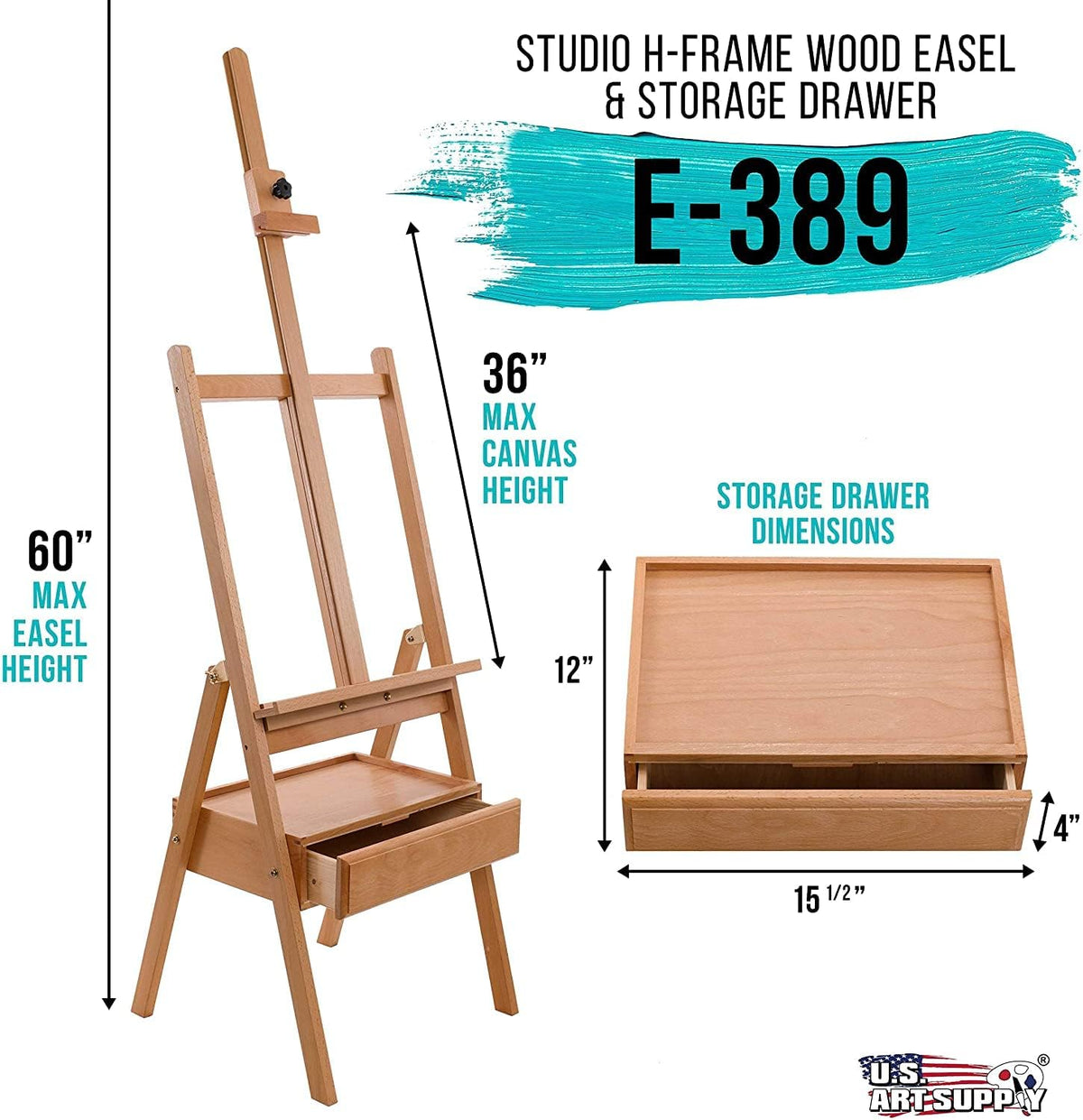 Alayjah, Professional Beech Wood Adjustable Easel with Built-in Drawer, 1-Piece, Sturdy Artist Stand for Painting & Storage 20100240، حامل رسم احترافي قابل للتعديل مصنوع من خشب الزان مع درج مدمج، قطعة واحدة – حامل متين للفنانين للرسم والتخزين