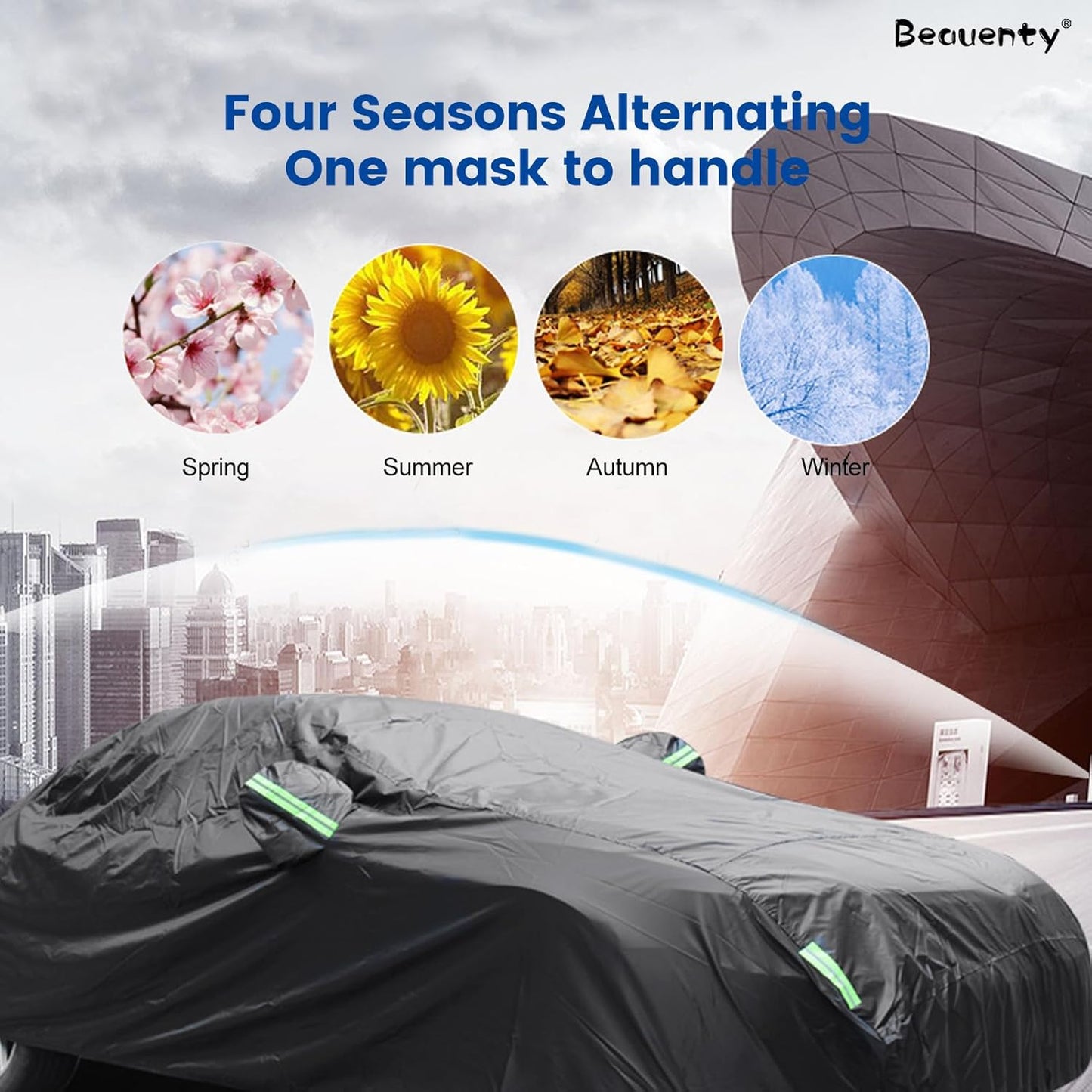 Alayjah Waterproof Car Cover XL, Black Polyester, Dustproof, UV & Rain Protection, Reflective Strips, Free Straps غطاء سيارة ألايجاه مقاوم للماء مقاس XL، بوليستر أسود، مقاوم للغبار، حماية من الأشعة فوق البنفسجية والمطر، بشرائط عاكسة، مع أحزمة مجانية