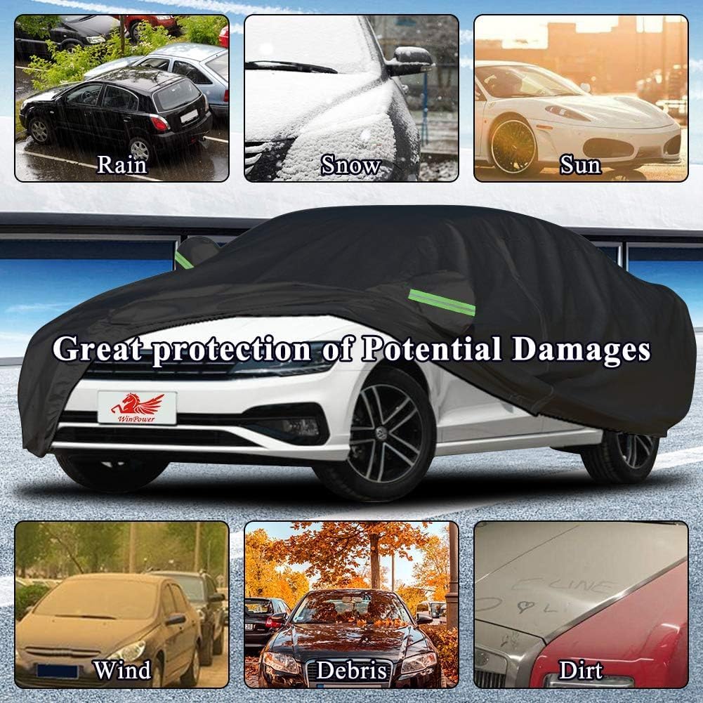 Alayjah Waterproof Car Cover XL, Black Polyester, Dustproof, UV & Rain Protection, Reflective Strips, Free Straps غطاء سيارة ألايجاه مقاوم للماء مقاس XL، بوليستر أسود، مقاوم للغبار، حماية من الأشعة فوق البنفسجية والمطر، بشرائط عاكسة، مع أحزمة مجانية