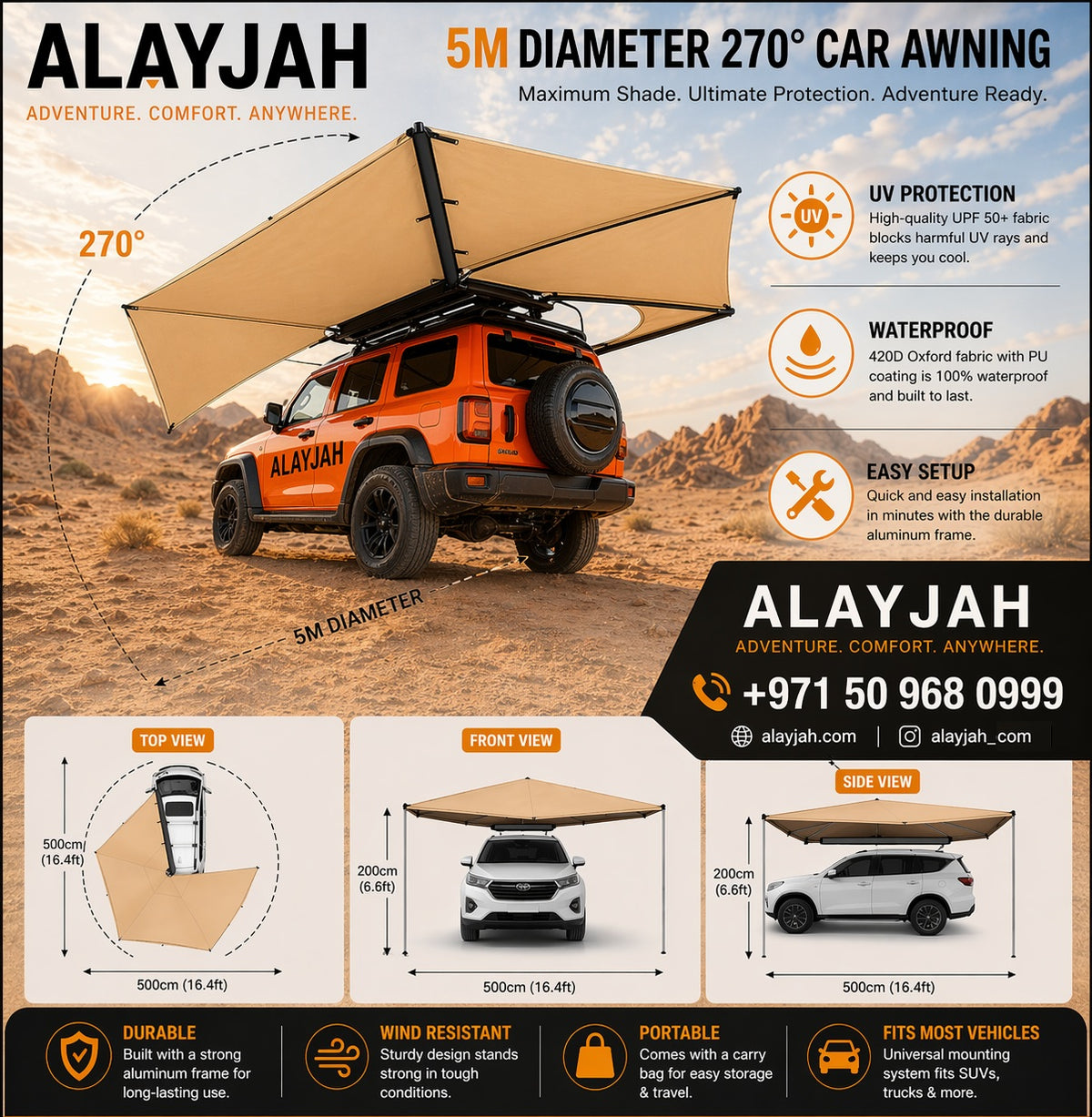 Alayjah 270° Car Rooftop Tent Awning, 600D Waterproof, Free-Standing, 1 Pc مظلة خيمة سقف سيارة بزاوية 270°، مقاومة للماء 600D، قائمة بذاتها، قطعة واحدة